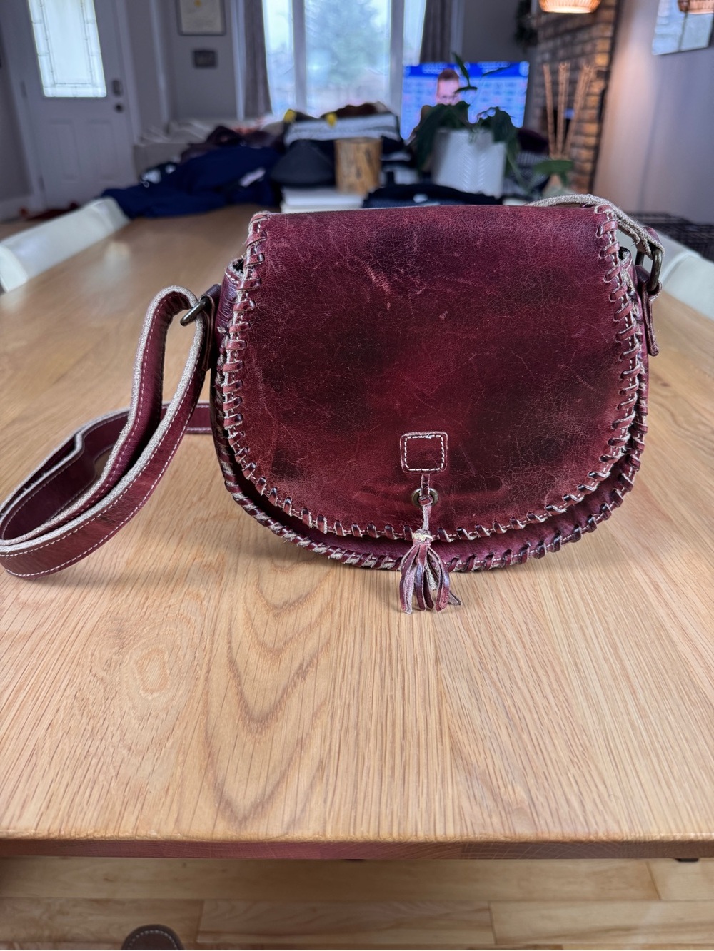 BED|STU Burgundy Whipstitch Leather Crossbody with Tassel Halfmoon - Picture 2 of 9